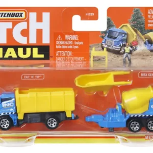 Matchbox Hitch&haul Set 2 Vehicule Mbx Construction Zone Tilt N Tip Mbx Cement Trailer Scara 1:64