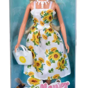 Papusa Steffi Cu Rochita Alba Cu Imprimeu Floarea Soarelui
